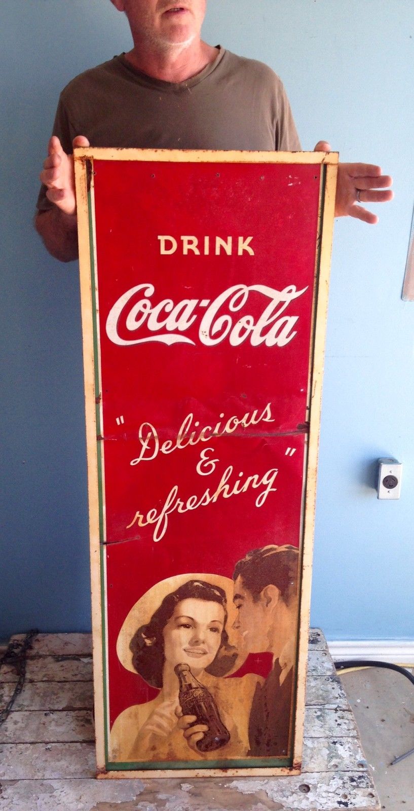 Rare Original 1941 Vertical Drink Coca Cola Tin Advertising Sign Jules St Jo 