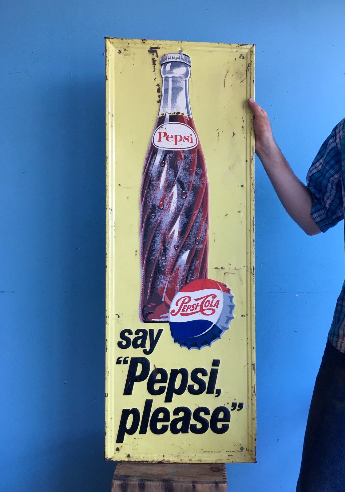 Vintage Original 1960s Tin Embossed Vertical Pepsi Cola Sign Jules St Jo